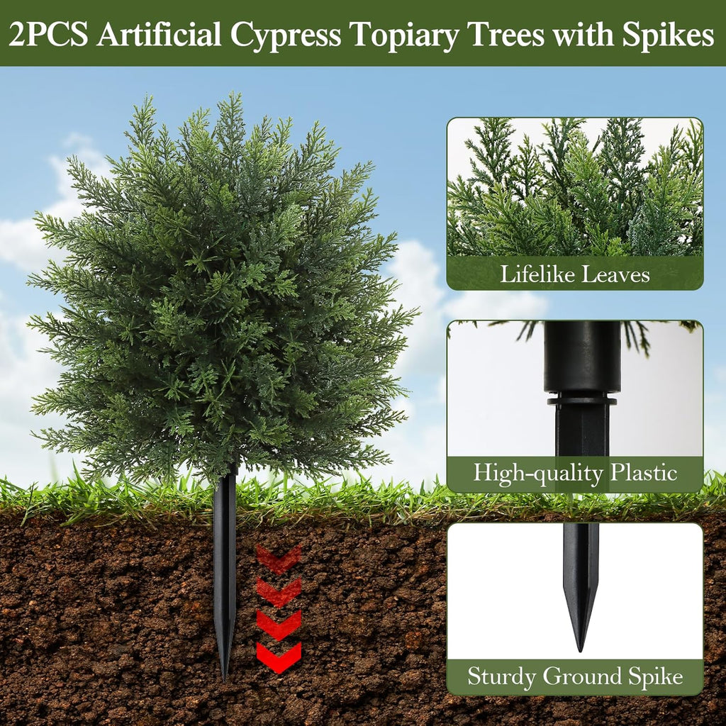 DEMIUKO 21.6" Artificial Cypress Topiary Trees with Ground Spike, Set of 2 Faux Cypress Shrubs UV Resistant Fake Plants Evergreen Bushes for Indoor Outdoor Front Porch Garden Home Decor