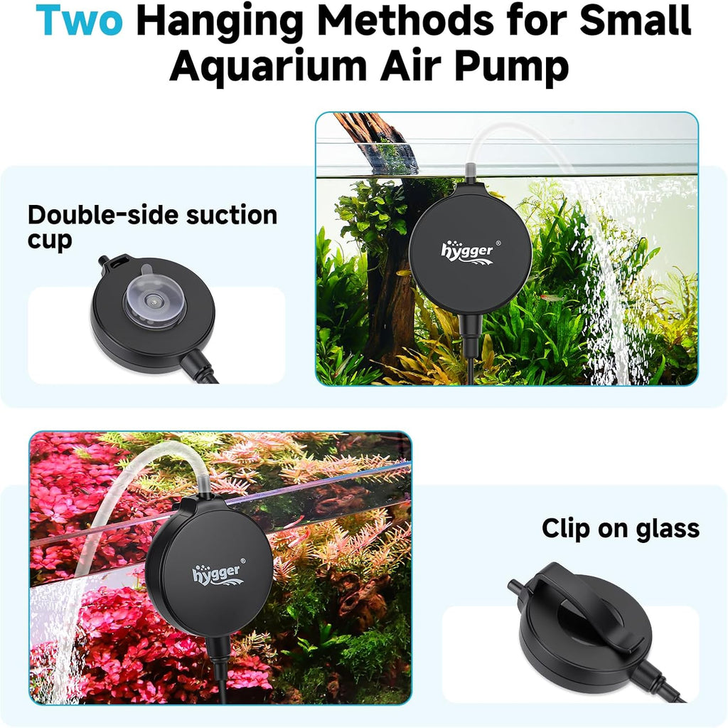 hygger 1.5 Watt Mini Aquarium Air Pump, Quiet Aerator with Air Stone Tubing Suction Cup Clip, Small Fish Tank Bubbler Oxygen Pump for 1 to 15 Gallon Betta Tank, Fish Bowl, Desk Small Tank