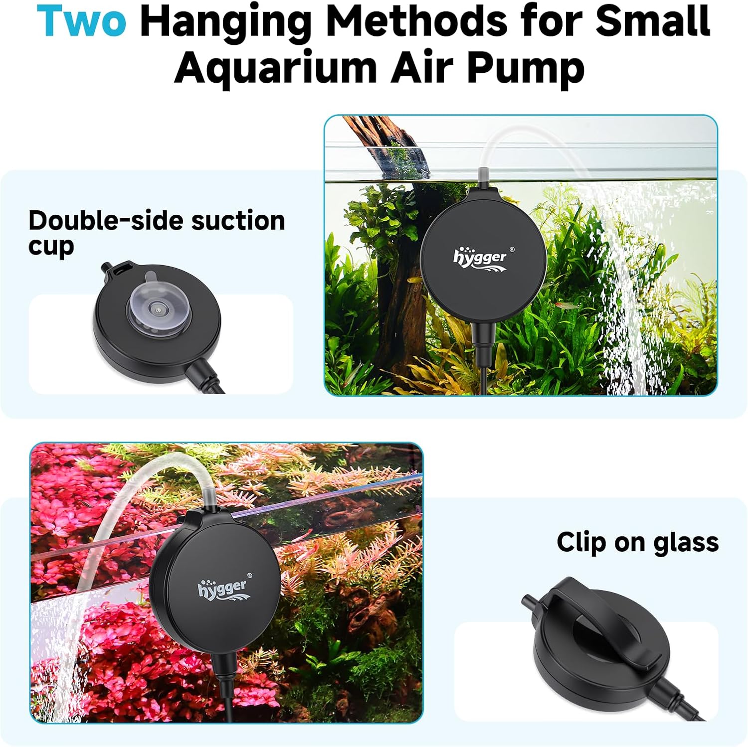 hygger 1.5 Watt Mini Aquarium Air Pump, Quiet Aerator with Air Stone Tubing Suction Cup Clip, Small Fish Tank Bubbler Oxygen Pump for 1 to 15 Gallon Betta Tank, Fish Bowl, Desk Small Tank