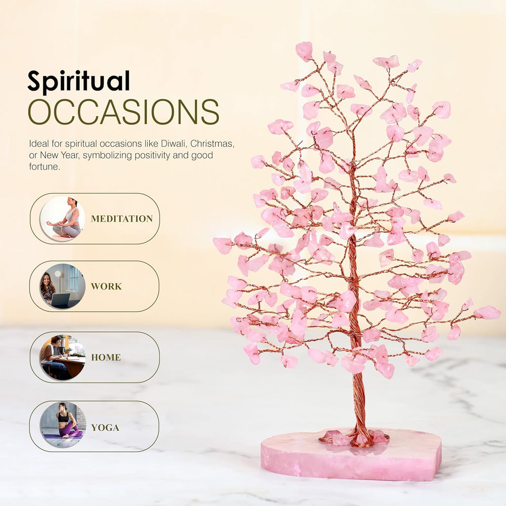 Crocon Crystals Tree Rose Quartz Healing Stones Reiki Crystals Heart Base Spiritual Meditation Energy Home Room Office Desk Decor Pink Gifts for Women Men & Mom Birthday Present
