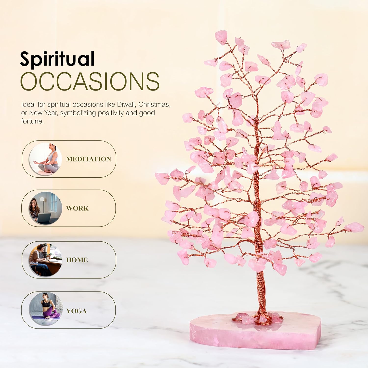 Crocon Crystals Tree Rose Quartz Healing Stones Reiki Crystals Heart Base Spiritual Meditation Energy Home Room Office Desk Decor Pink Gifts for Women Men & Mom Birthday Present