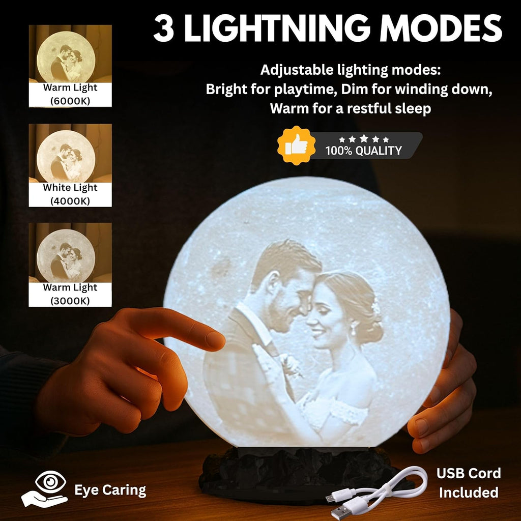 Personalized Moon Lamp with Custom Photo & Text - 3D Printed Night Light - Custom Moon Lamp - 3 Temp Led - Unique Gifts for Women, Girlfriend - Decor for Weddig Anniversary, Birthday