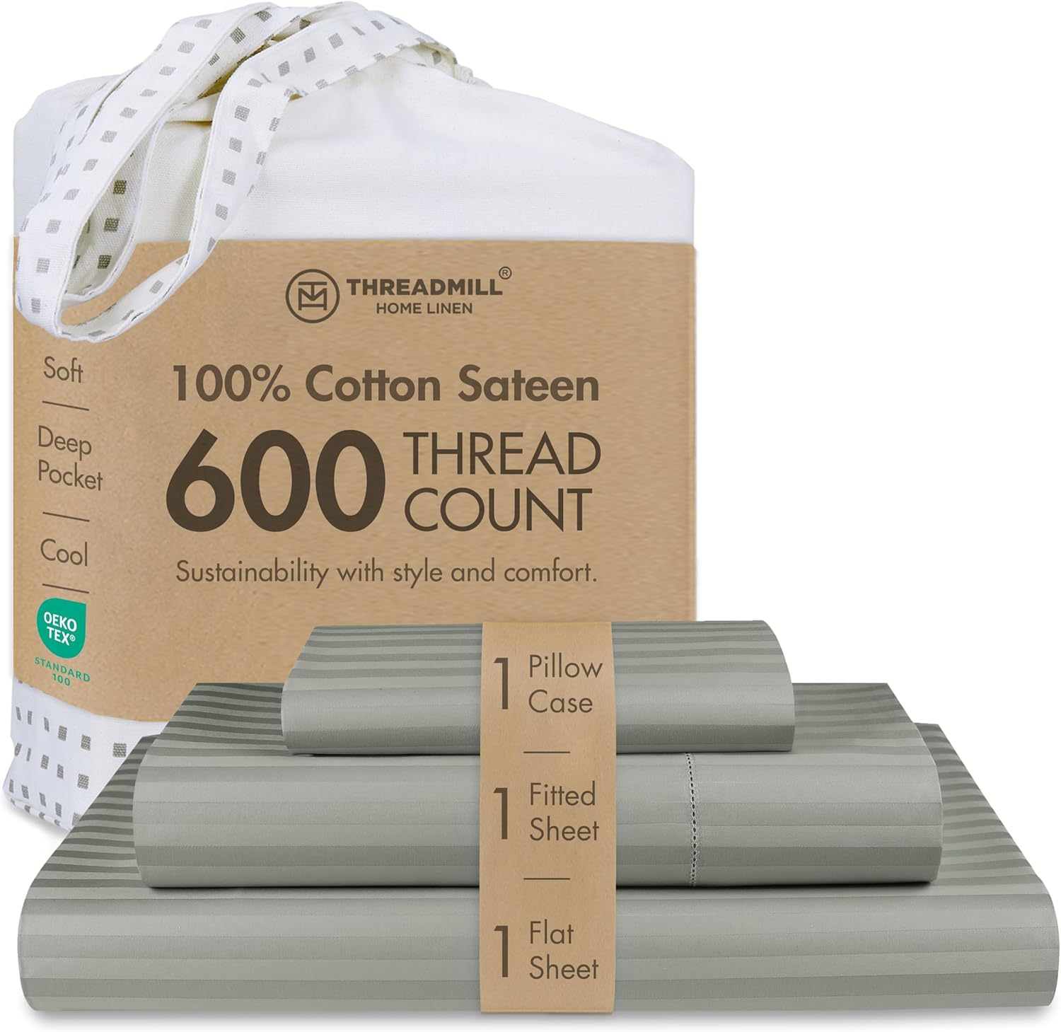 Threadmill 100% Cotton Sheets for Twin Size Bed - 600 Thread Count Twin Bed Sheets Set with 15” Deep Pocket - Damask Stripe Sateen Weave 3-Piece Bedding Set with Cooling Effect, Moonrock Grey