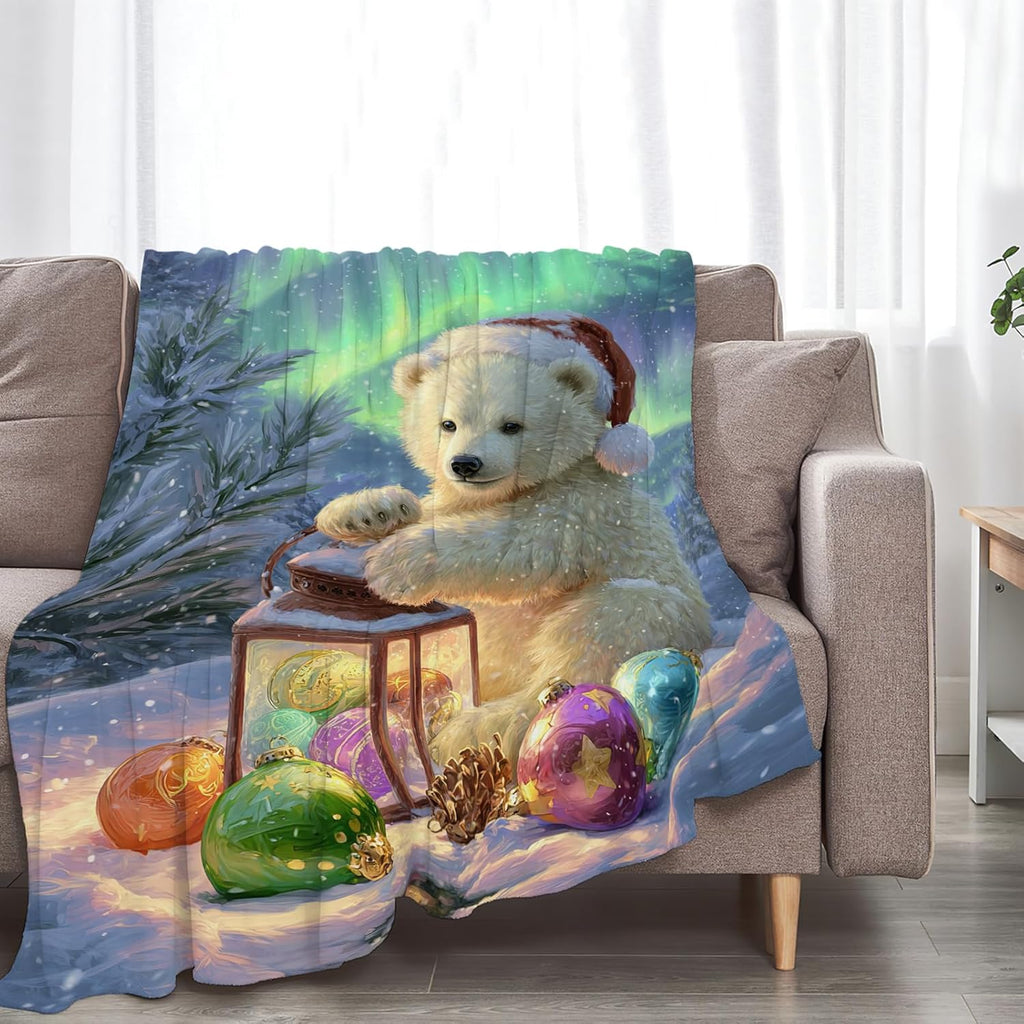 Christmas Polar Bear Blanket Winter Aurora Night Animal Throw Blankets Gifts for Girls Boys Kids White Bear Lover Soft Cozy Fleece Plush for Couch Sofa Bed 60"x50"