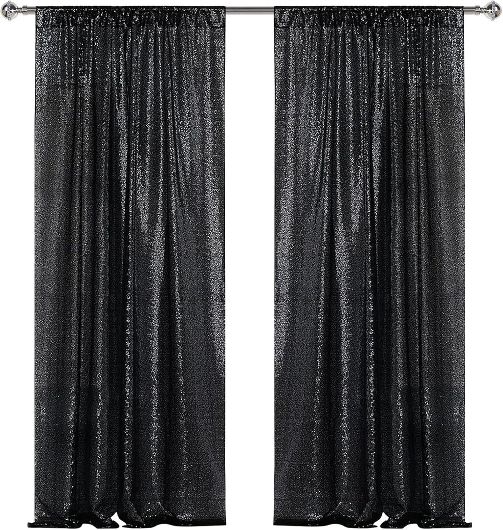Sugargirl Halloween Black Sequin Backdrop Curtain 2 Panels 2FTx8FT Glitter Black Background Drapes Sparkle Photography Backdrop for Party Wedding Birthday Wall Decoration