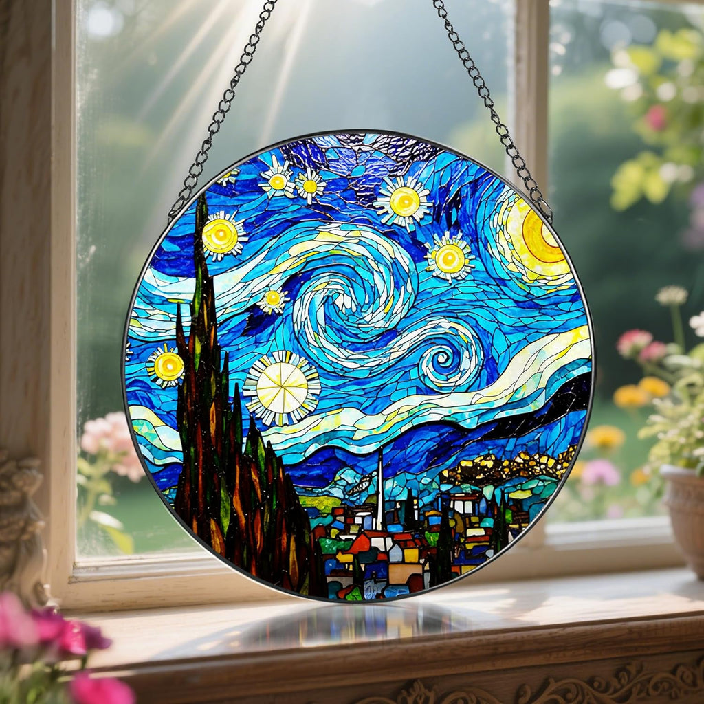 8'' Van Gogh Starry Night Sun Catcher Ornament, Stained Glass Window Hanging, Sun Catchers for Windows Hanging Ornaments, Window Decor, Ideal Gift | Gifts for Art Lovers, Friends, Family