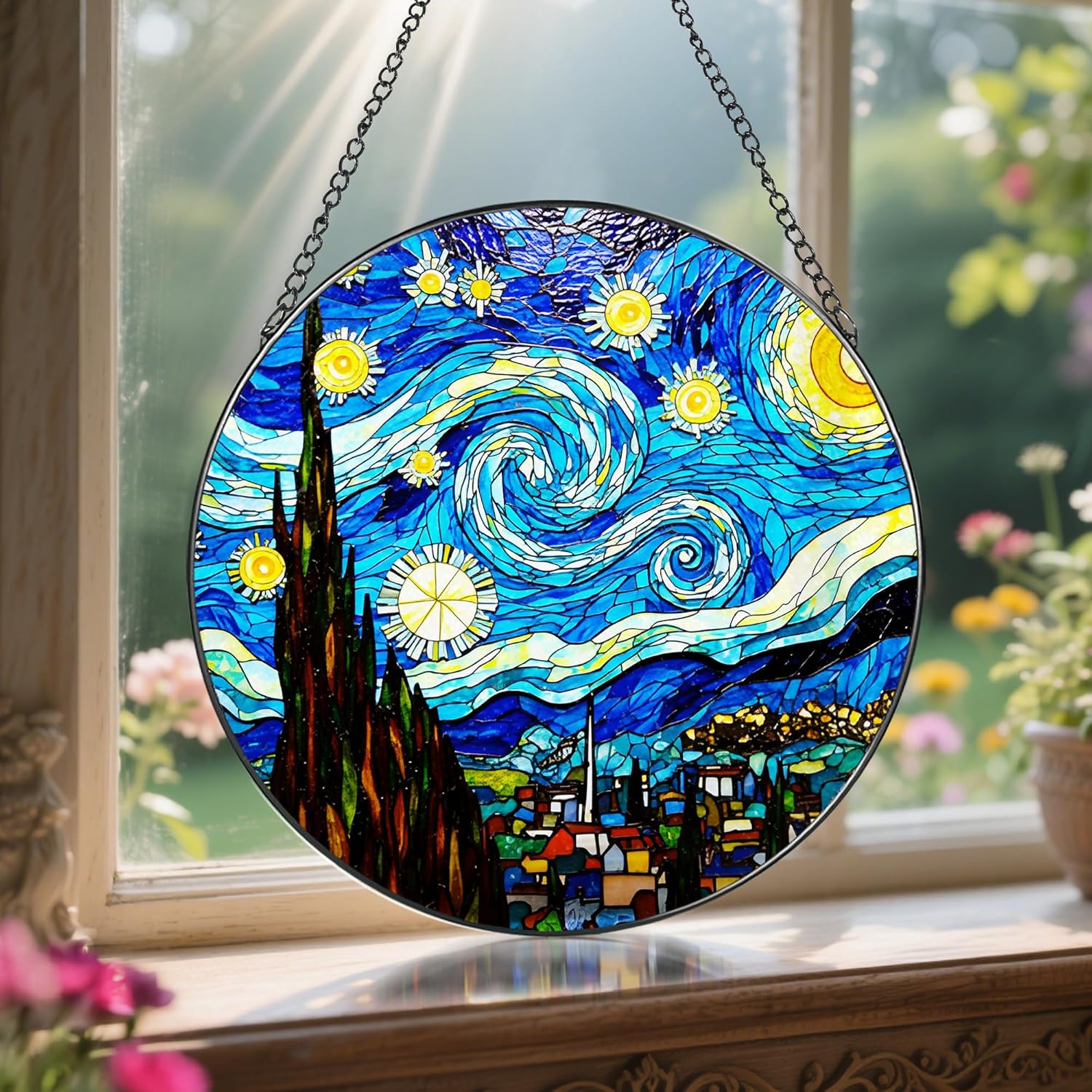 8'' Van Gogh Starry Night Sun Catcher Ornament, Stained Glass Window Hanging, Sun Catchers for Windows Hanging Ornaments, Window Decor, Ideal Gift | Gifts for Art Lovers, Friends, Family