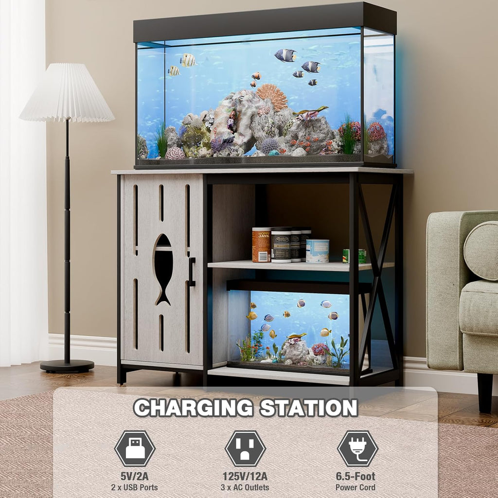Aquarium Stand 40 Gallon,Fish Tank Stand with Cabinet Storage,Power Outlets & LED Light,Heavy Duty Aquarium Stand for Turtle Tank,Reptile Terrarium,800LBS Capacity,Grey