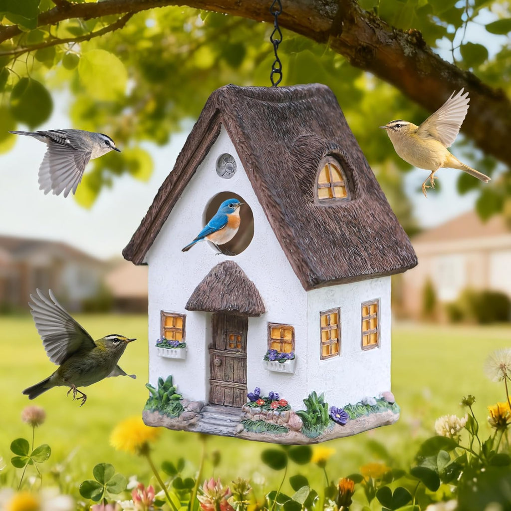 Bird Houses for Outside Rustic Cottage Birdhouse with Thatch Roof – Hand-Painted Resin Bird Houses for Outdoors for Hummingbird Finches Cardinals Bird Nesting Garden, Patio, Yard