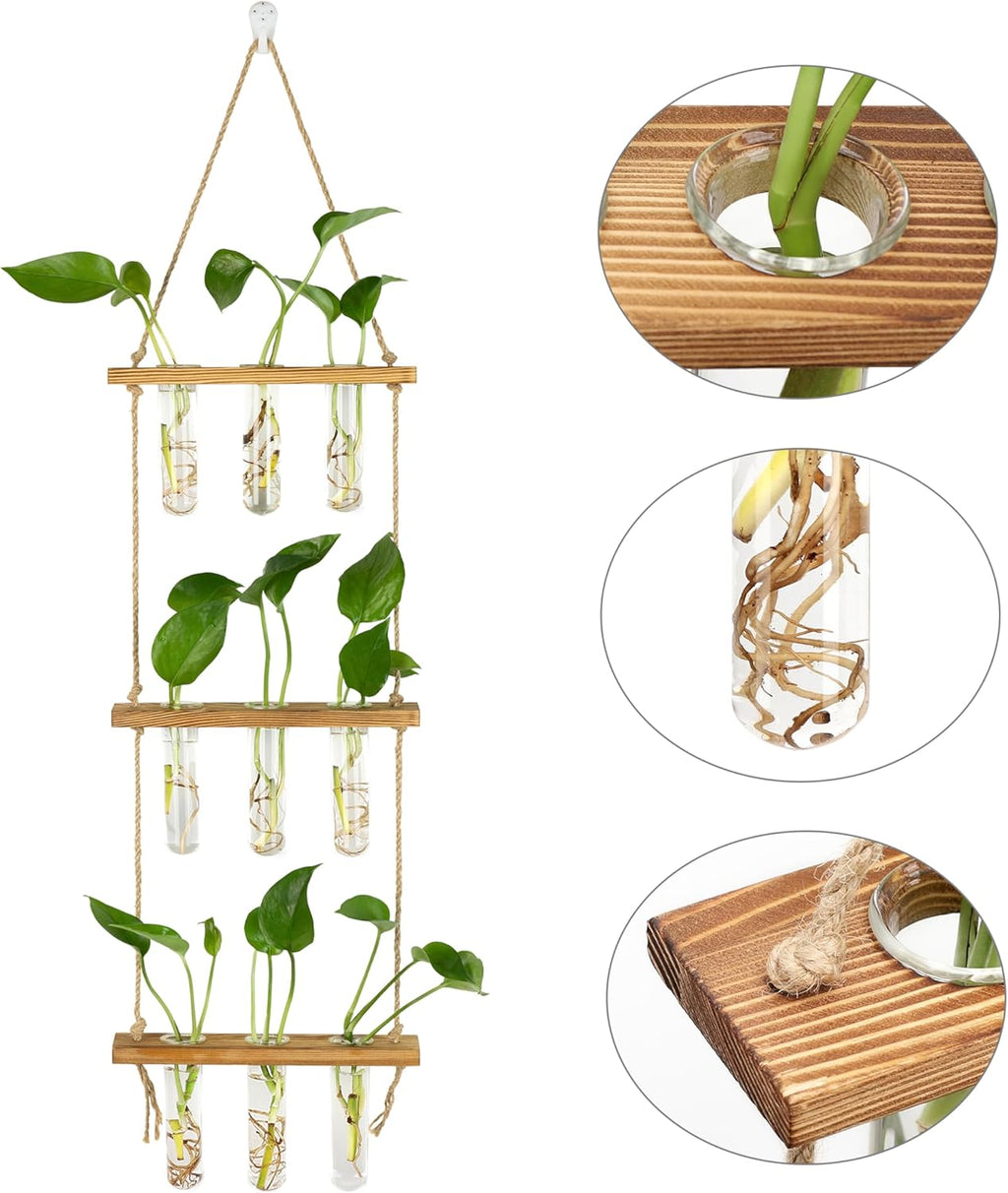 Wall Hanging Propagation Stations 3 Tired Wall Planter Terrarium with Wooden Stand and Glass Test Tubes Plant Hanger Flower Vase for Home Office Wall Decor Hydroponic Cuttings