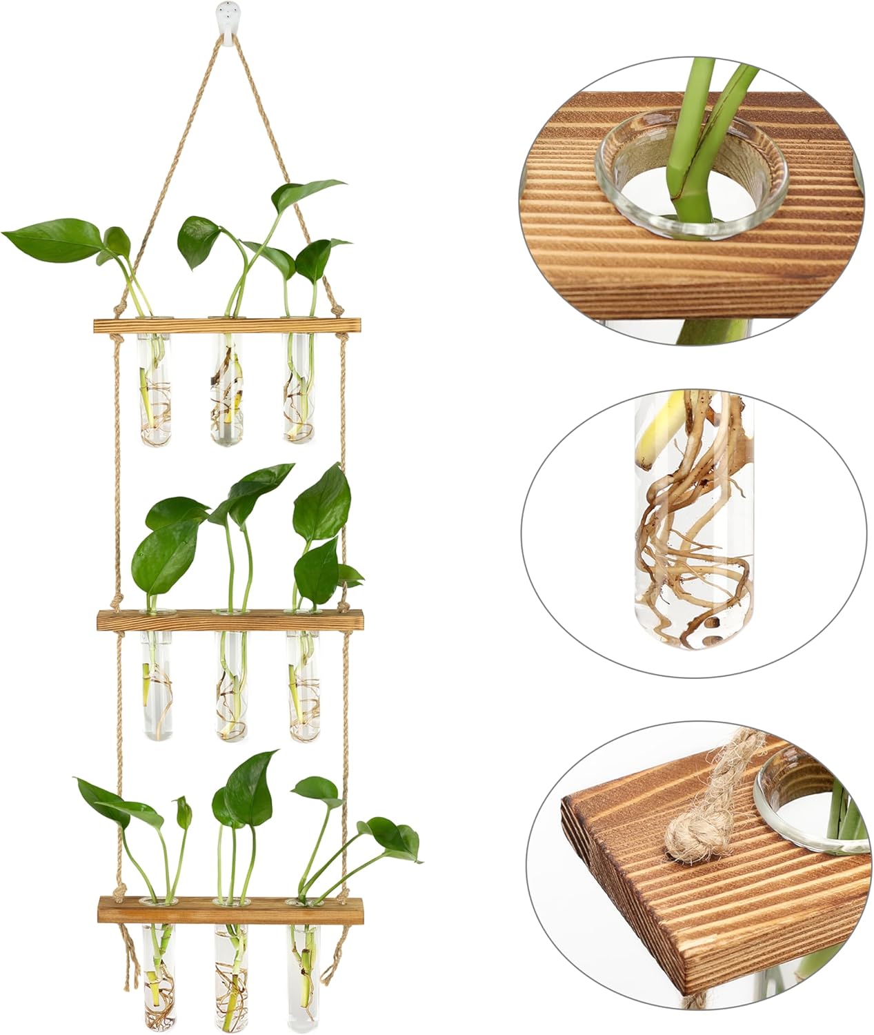 Wall Hanging Propagation Stations 3 Tired Wall Planter Terrarium with Wooden Stand and Glass Test Tubes Plant Hanger Flower Vase for Home Office Wall Decor Hydroponic Cuttings