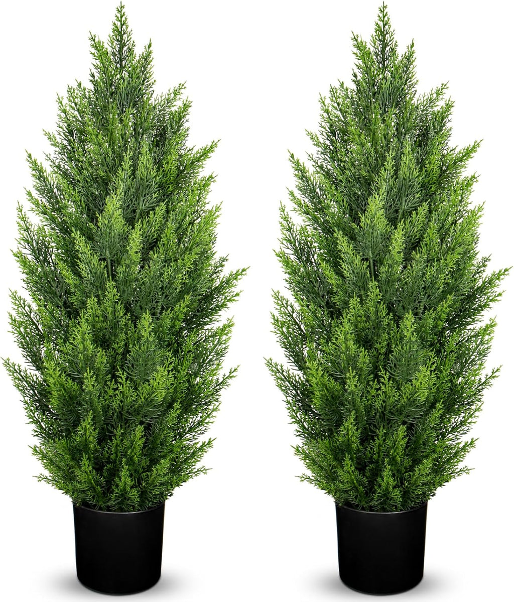 Briful 3ft Cedar Topiary Trees Artificial Outdoor Set of 2, Realistic Faux Cedar Pines with Pots, UV Resistant Christmas Greenery for Holiday Decor, Indoor Farmhouse Entryway Patio Door Plants