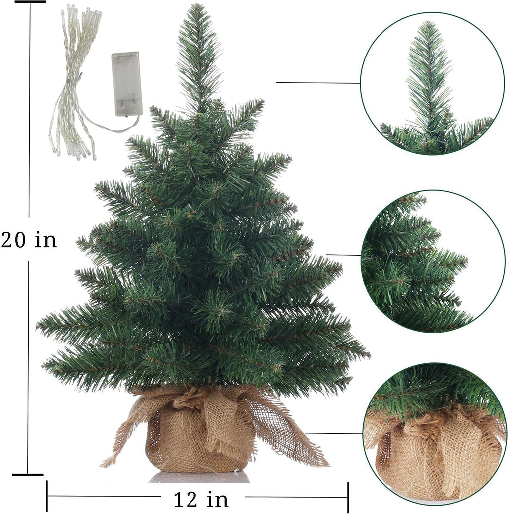 Pre-Lit Artificial Mini Christmas Tree,20 inch Small Pine Xmas Tree with 40 LED Lights,70 Branch Tips,Battery Operated Tabletop Christmas Tree Burlap Base-(50cm)