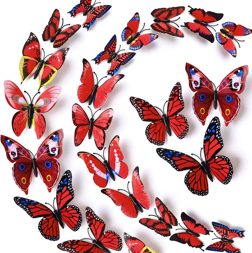 LiveGallery 72 PCS Red Removable 3D DIY Beautiful Butterfly Wall Decals Colorful Butterflies Art Decor Wall Stickers Murals for Kids Baby Boy Girls Bedroom Classroom Offices (Red)