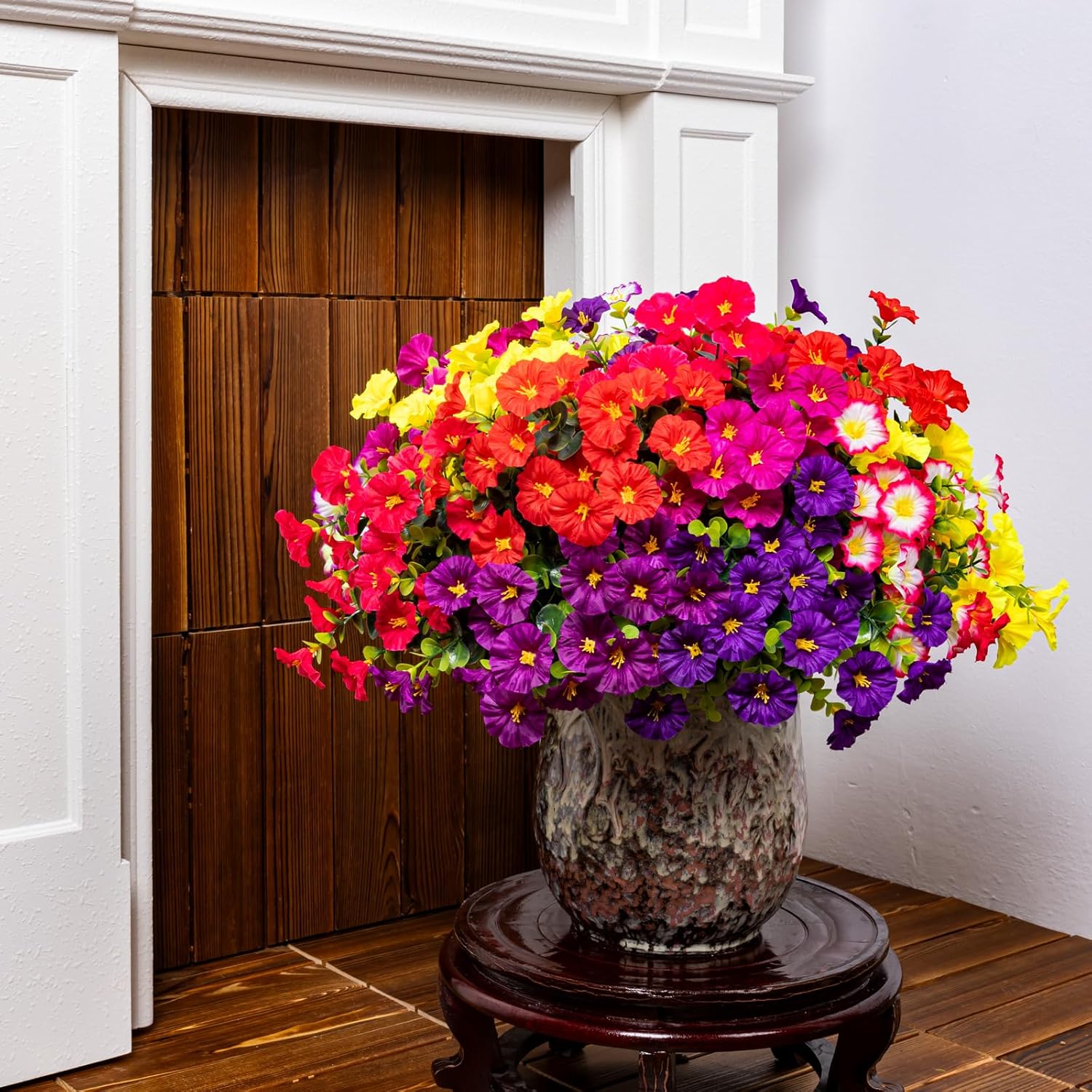 Artificial Faux Flowers for Outdoor 16 Bundles Boxwood Fake Morning Glory for Planter,UV Resistant Fake Flowers for Home Porch Patio Outside（8 Color）