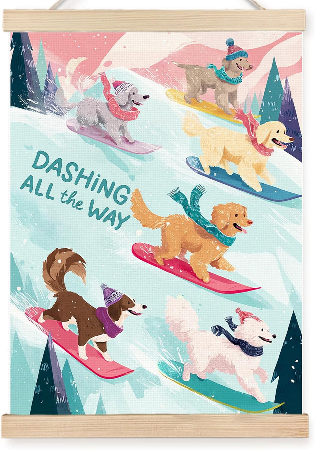 FDHSPAAM Funny Dog Skiing Wall Art Decor, Winter Home Decor, Dog Lovers Mom Gifts, Winter Holiday Cute Dogs Ski Wall Art Posters for Lodge Cabin Home Bedroom Living Room, 12x16 Inch