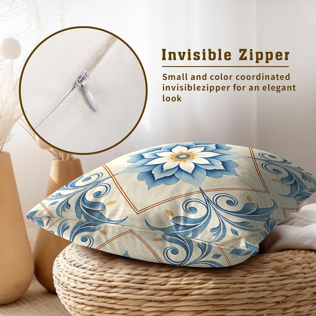 Oriental Blue & White Floral Throw Pillow Covers Set of 2 Ultra-Soft Pillow Shams with Hidden Zipper,Durable for Sofa Bed Car Decor & Gift 18x18IN
