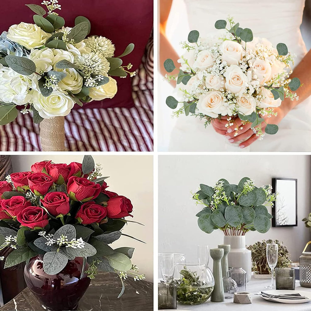64 PCS Artificial Greenery Stems,Silver Dollar Eucalyptus Stems with 384 Eucalyptus Leaves White Seed Branches for Flower Arrangements,Wedding Bouquets