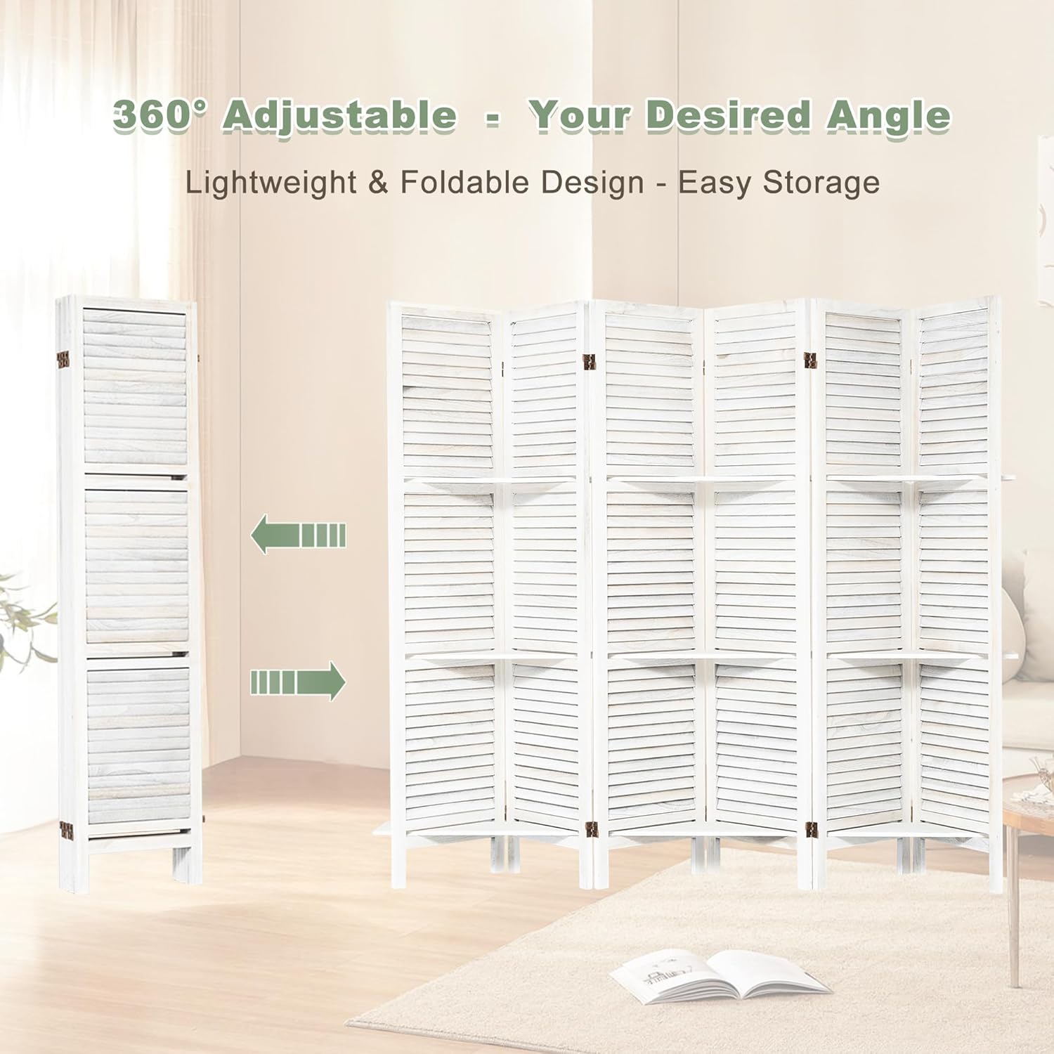 6 Panel Room Divider with Shelves Privacy Screen Partition Wooden Folding Divider for Room Separation Freestanding Room Divider for Home Office, Studio and Apartment, Faded White