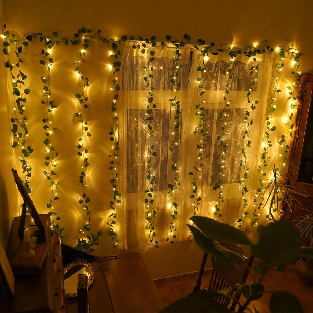 Led Ivy Vine Lights 12 Pack 9.4 FT * 6.2 FT Artificial Ivy with 240 Curtain Lights 8 Modes Room Vines for Bedroom Wall Weddings Party Christmas Garden Festival Decor