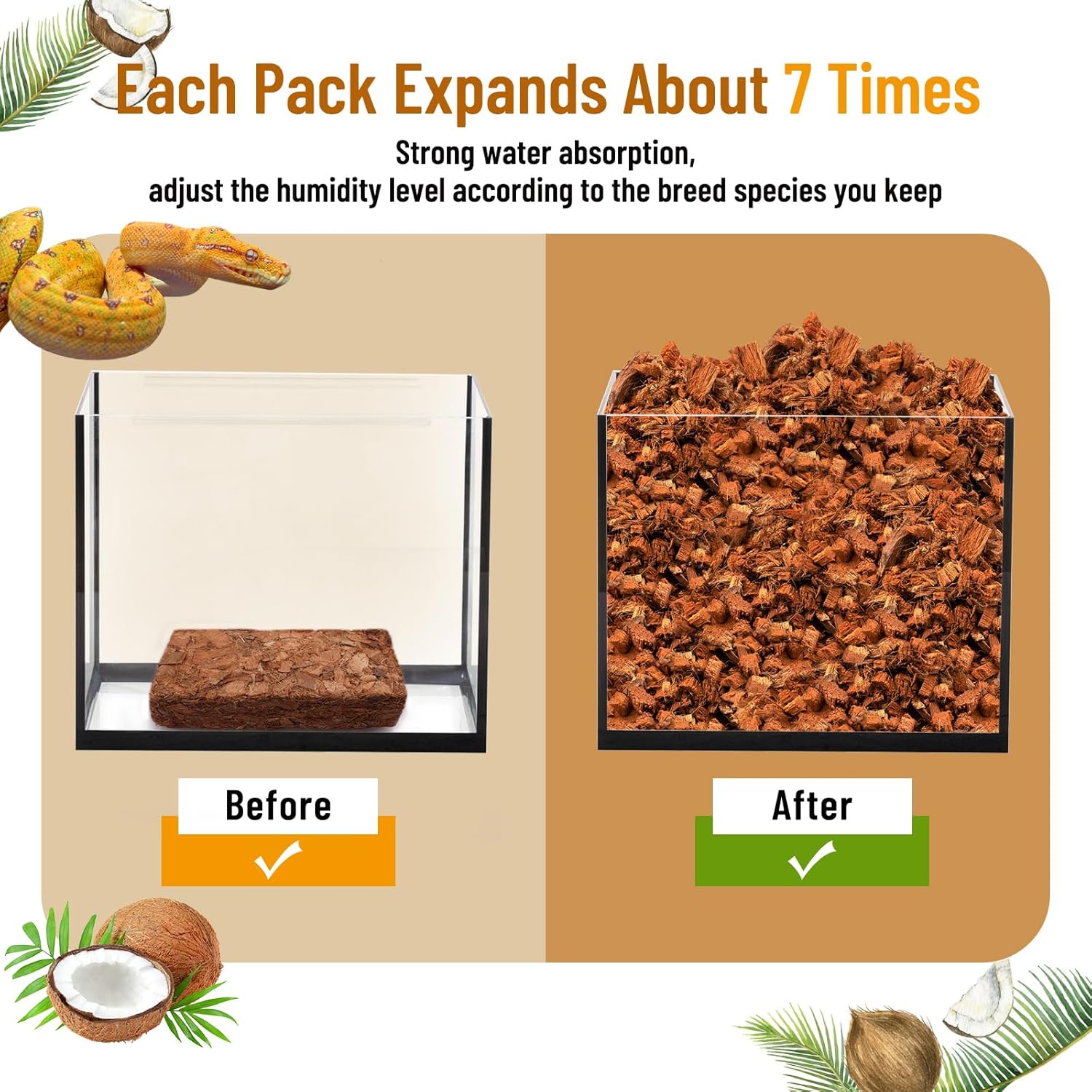 Riare 8 Pack Natural Coconut Chip Substrate for Reptiles- Compressed Coconut Husk Reptiles Bedding, Coco Husk Chip Terrarium Substrate for Snakes, Tortoises, Ball Python, Frogs, Bearded Dragon, Lizard