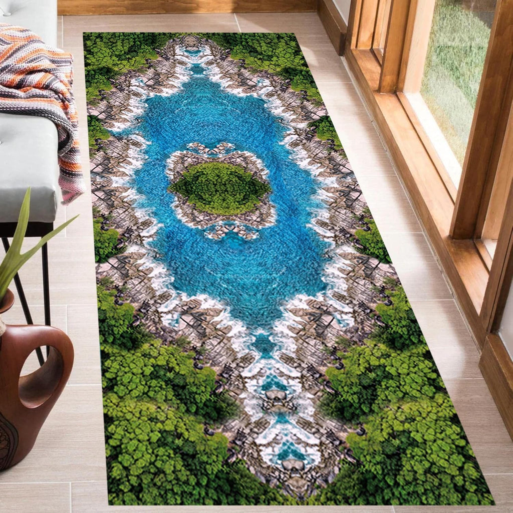 3D Landscape Rug, 2x10ft, 3D Lake Cliff Rock Islands Forest Natural Landscape Optical Illusion Runner Rug, Non-Shedding Foldable Decorate Carpets for Dining Dorm Living Room