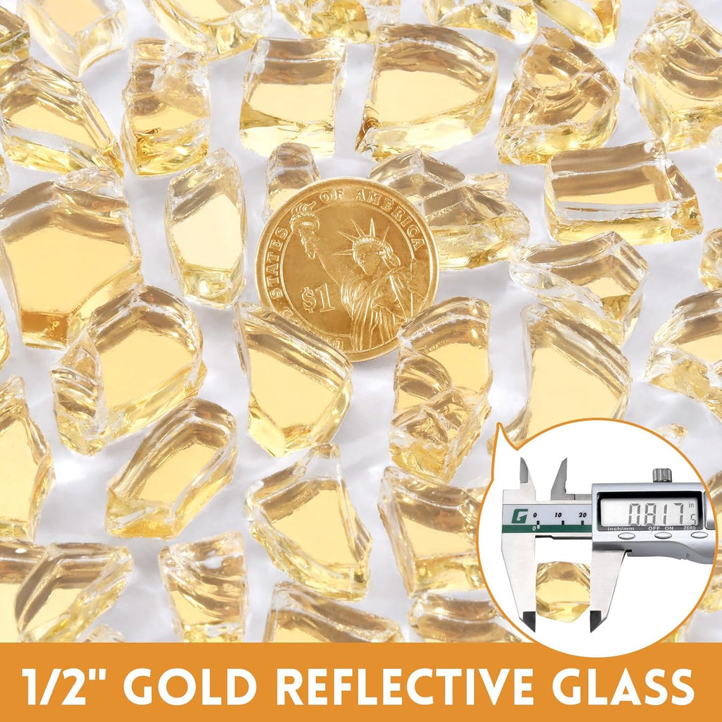 GasSaf 1/2 Inch Fire Glass Reflective Tempered Fireglass Cut Crushed FireGlass for Fire Pit, Fireplace, Replaces Existing Gas Logs & Lava Rocks (20 Pound)(Gold Reflective)