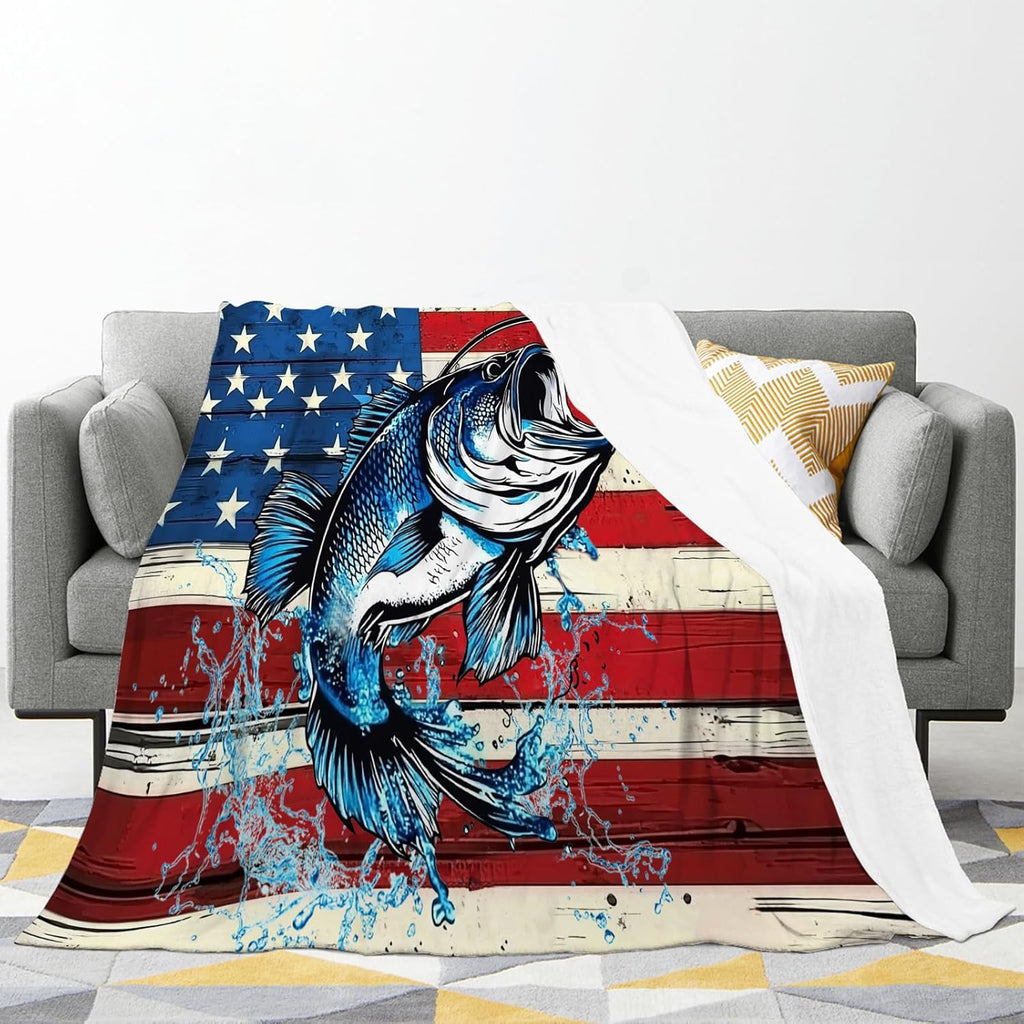 Bass Fish Blanket American Flag Fishing Throw Blankets Gifts for Girls Boys Kids Fishing Lover Soft Cozy Fleece Plush for Couch Sofa Bed 60"x50"