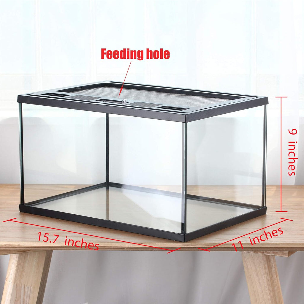 crapelles Frogs Glass Terrarium Feeding kit Tank, 15.7×11×9 inches, for Reptile Amphibians, Insect, Horned Frogs, Waterweed Prairie Style Habitat, with Green Artificial Turf Pad, Natural Volcanic Rock