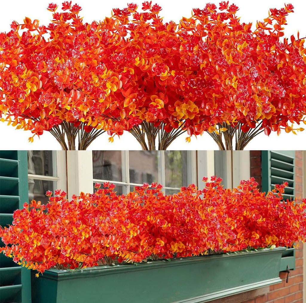 8 Bundles Artificial Flowers, Fake Artificial Greenery UV Resistant No Fade Faux Plastic Plants for Wedding Bridle Bouquet Indoor Outdoor Home Garden Kitchen Office Table Vase (Red)
