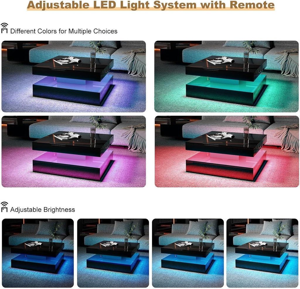 Black LED Coffee Table for Living Room, Living Room Table 2-Tier Square Center Tables, Wood Coffee Tables with Storage, Tea Table for Dining Reception Room
