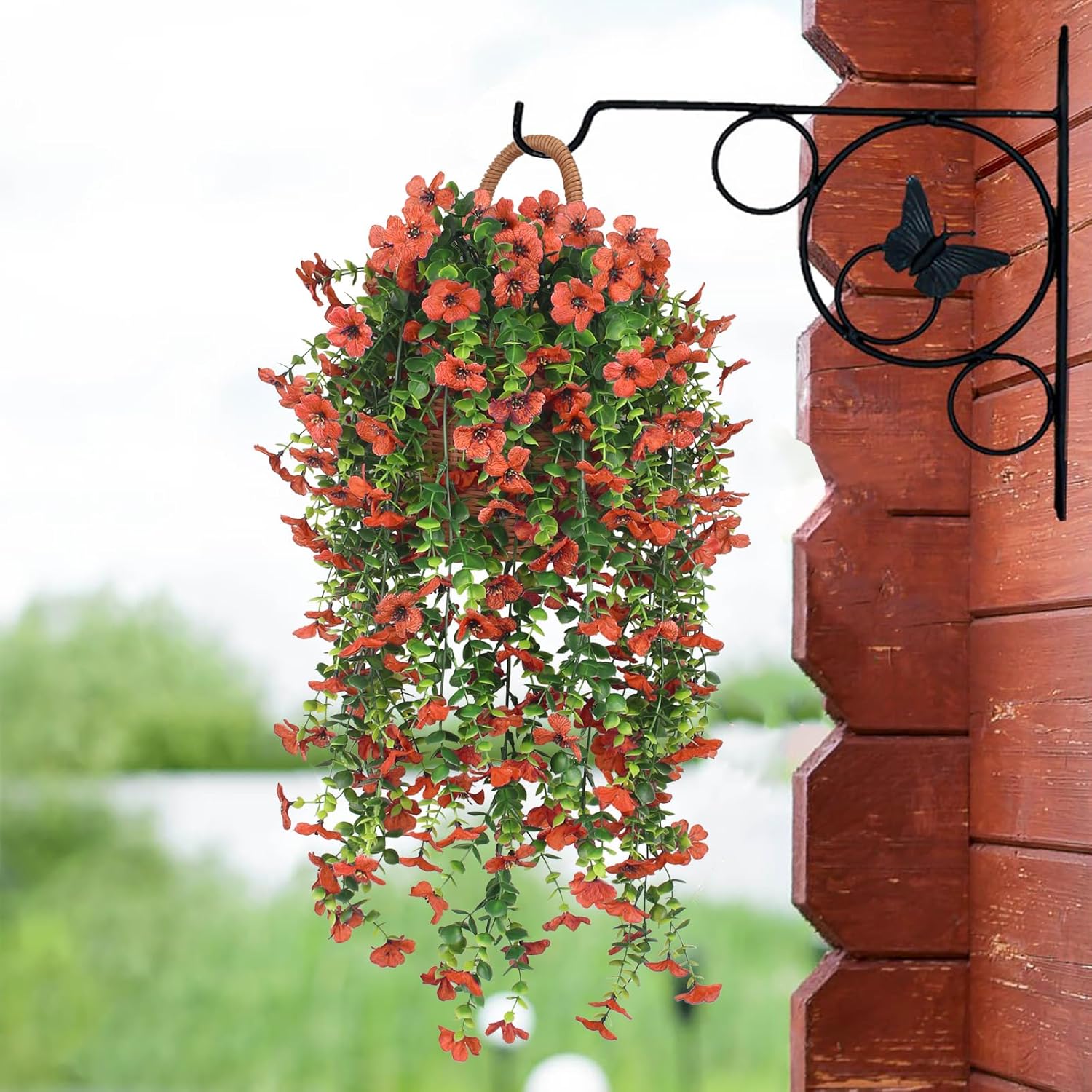3 PCS Artificial Fake Hanging Flowers Plants with Basket for Spring Outdoor Outside Decoration, UV Resistant Faux Plastic Fabric Flower for Garden Porch Patio Balcony Yard Decor（Orange）