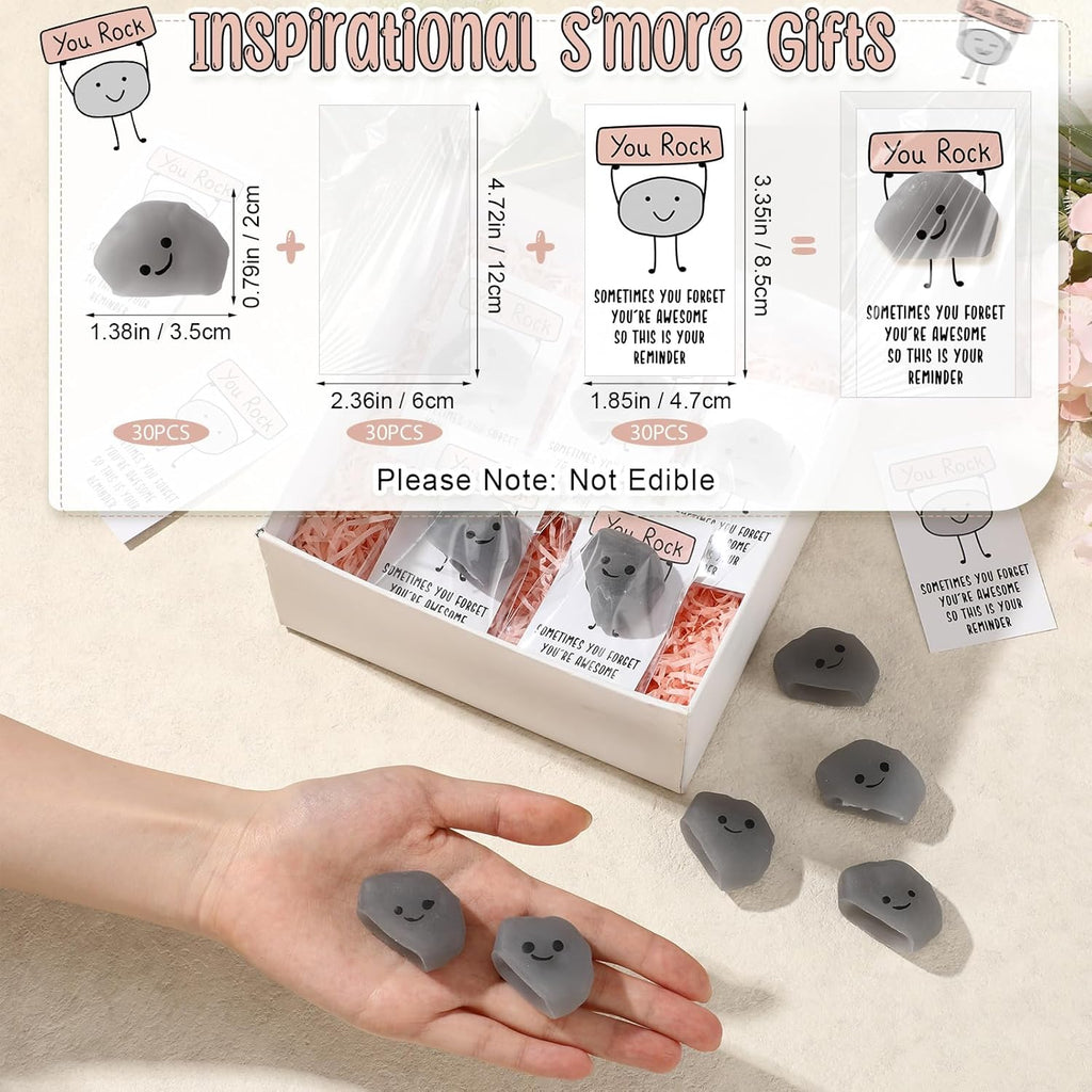 Wettarn 30 Sets Emotional Luminous Stone Stress Ball Gifts Bulk Office Christmas Appreciation Gift Cute Positive Stone Squeeze Inspirational Card You Rock Figures Stress Relief Ball for Coworker Staff