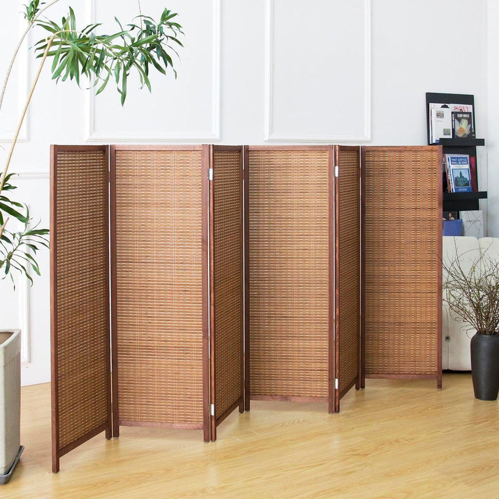 6 Panel Room Divider Short Folding Screen Divider,Double Sided Bamboo Panel Divider for Room Separation,Brown,47.2" H x 92.1" W