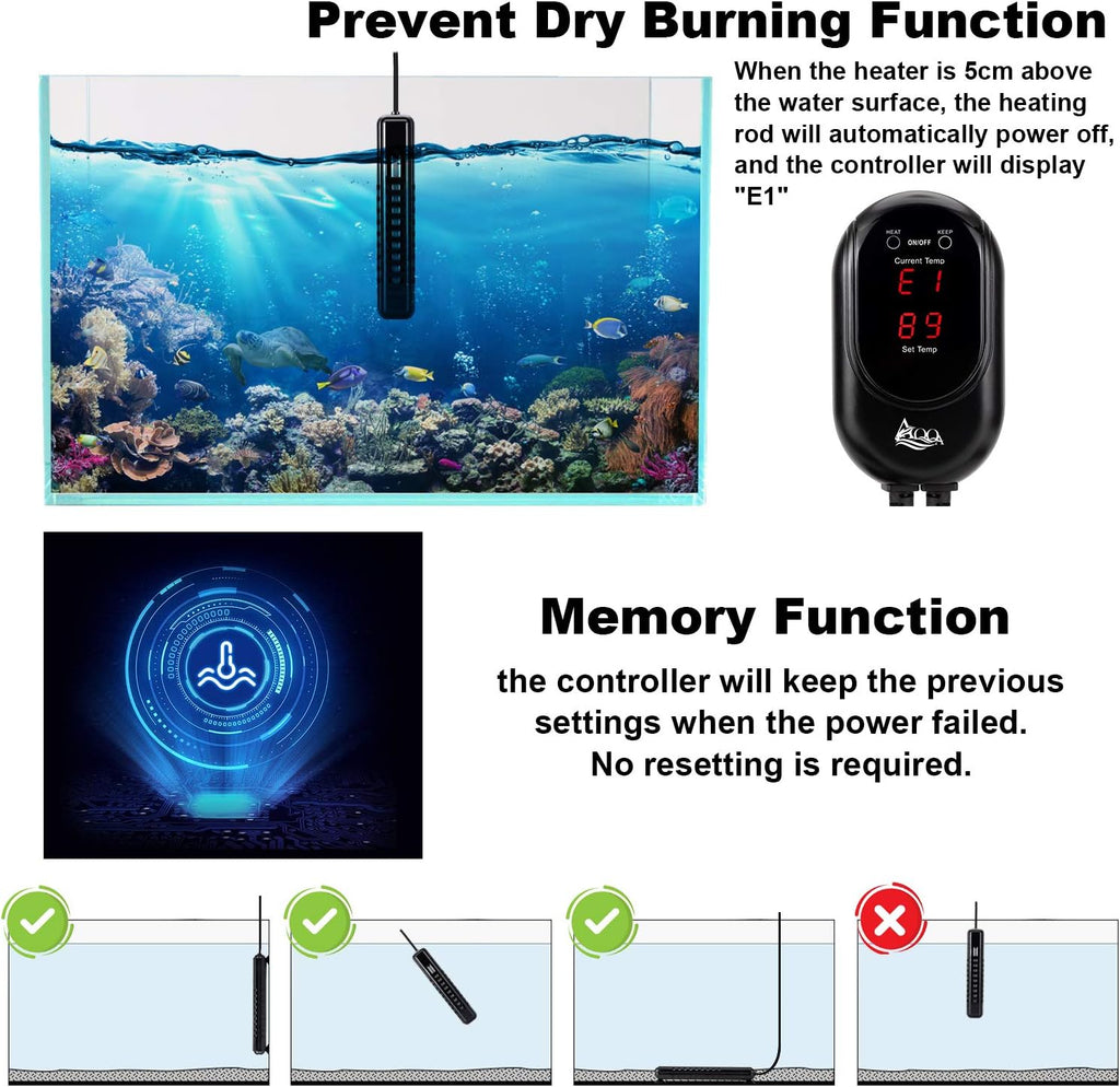 AQQA Submersible Aquarium Heater,100W/200W/300W/500W/800W/1000W/1200W Fish Tank Heater,External Temperature Controller LED Temperature Display,Suitable for Saltwater and Freshwater(300W)