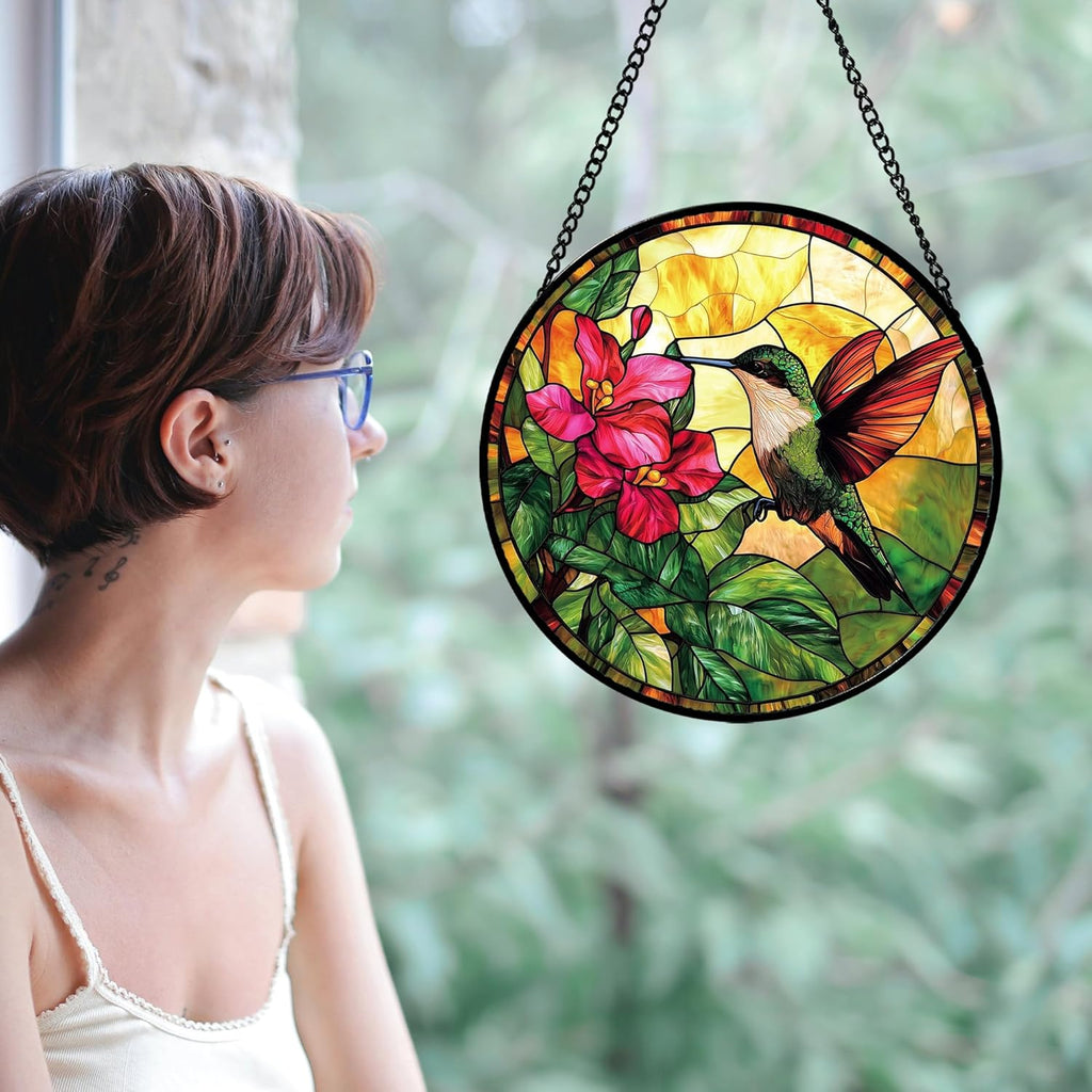 Stained Glass Suncatcher, Hummingbird Red Flowers Green Leaves Sun Catcher Stain Glass Window Hanging Decoration Mother's Day Birthday Gifts for Bird Lover Women Men Mom Nana 9.8 in