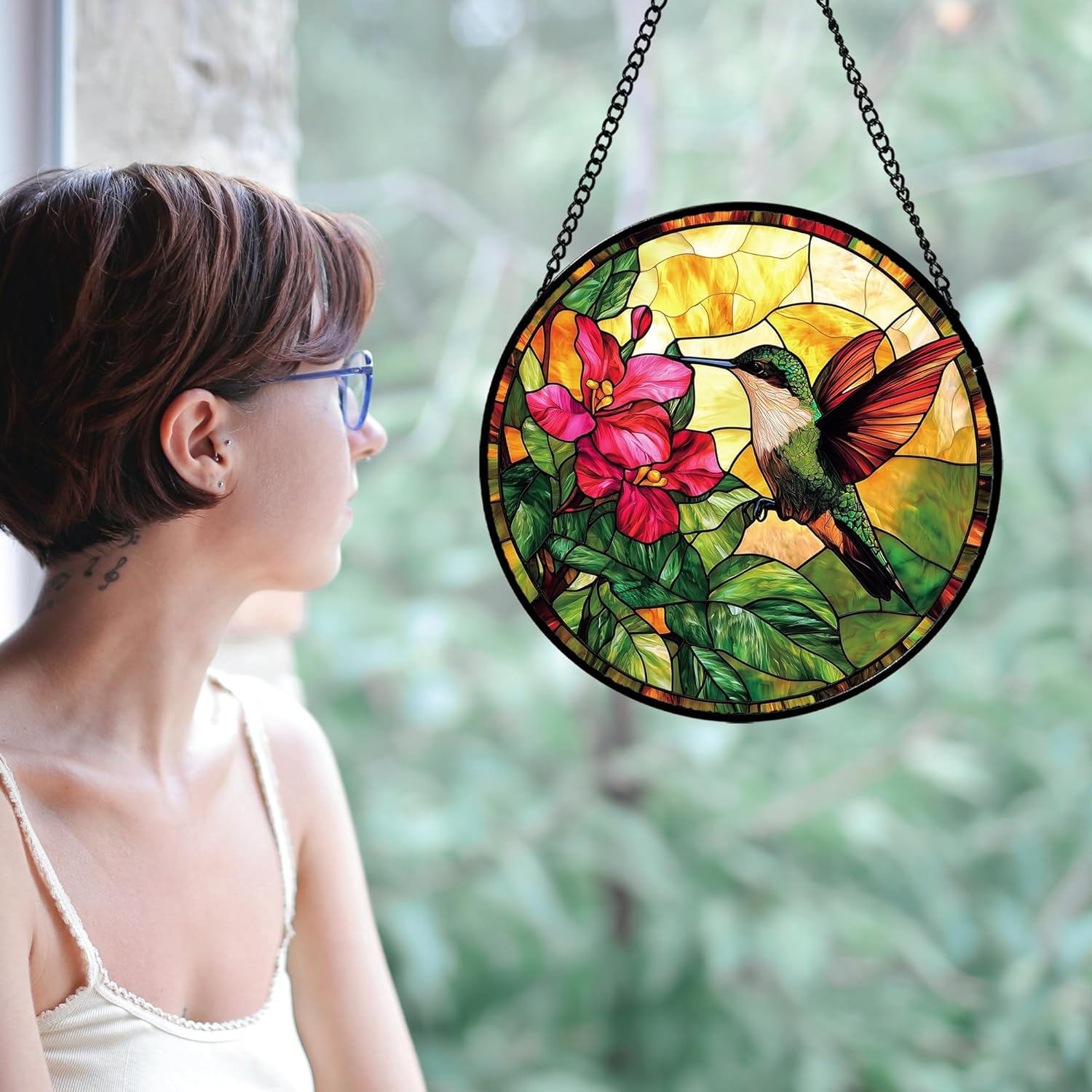 Stained Glass Suncatcher, Hummingbird Red Flowers Green Leaves Sun Catcher Stain Glass Window Hanging Decoration Mother's Day Birthday Gifts for Bird Lover Women Men Mom Nana 9.8 in