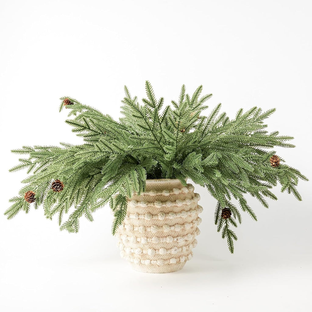 DN DECONATION Artificial Christmas Norfolk Pine Stems, Faux Pine Branches with Cones 22.4" 6PCS - Real Touch PE Greenery Fake Pine Needles for Vase Arrangements, Winter, Indoor Outdoor Home Decor