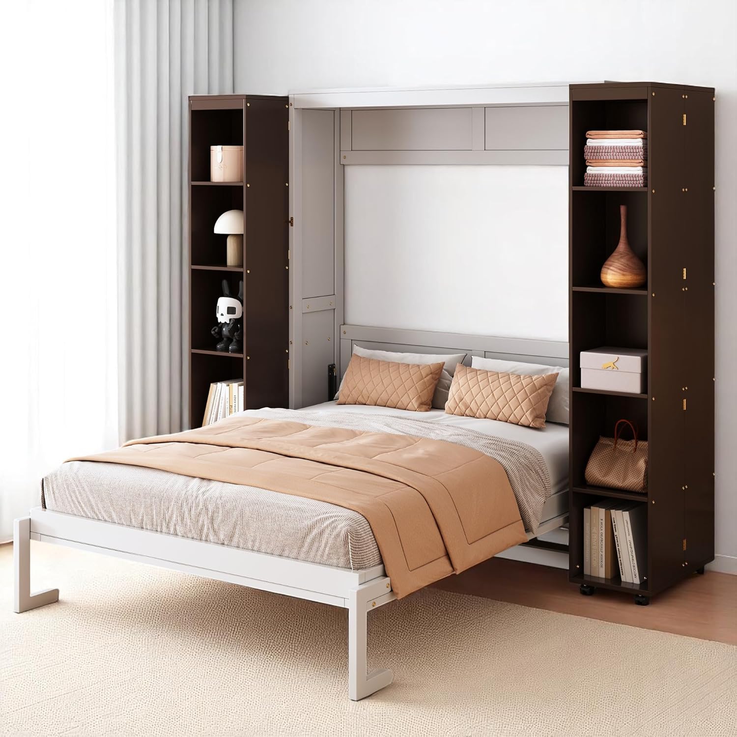MERITLINE Foldable Hidden Queen Murphy Bed Cabinet with Storage Bookshelf Bookcase, Wood White Murphy Wall Bed with Storage Shelves for Adults (Espresso)