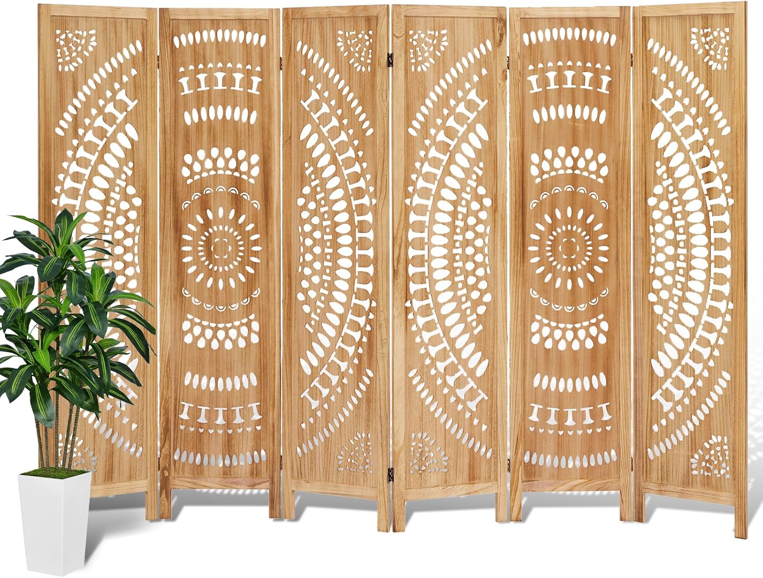 Wooden Room Divider Wall, 6 Panel Divider Screens, Folding Privacy Screen, 5.6 FT Wall Divider Room, Carved Room Divider Panel, Portable Wall Divider for Home Bedroom Office (Natural)