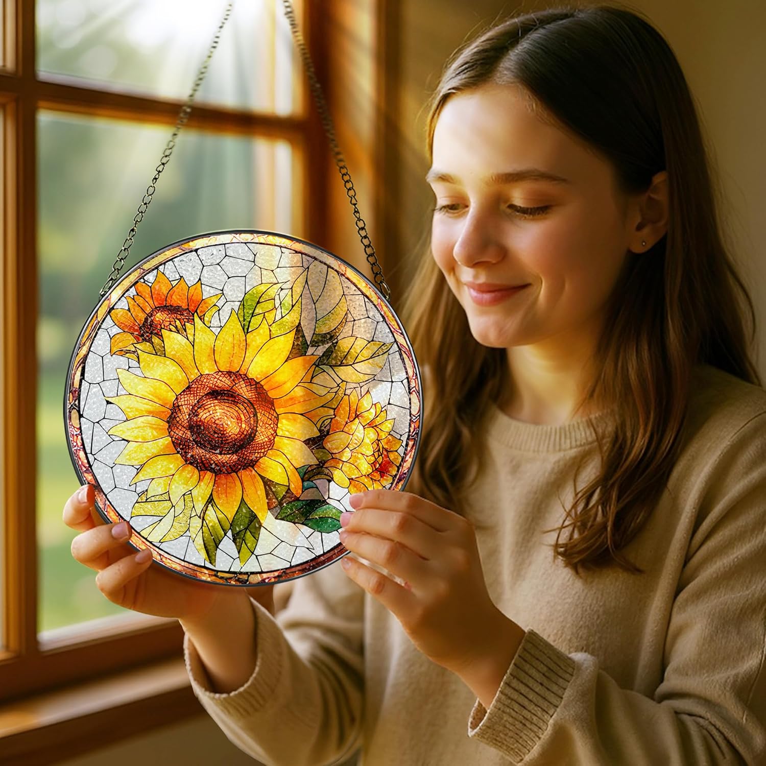 8-Inch Stained Glass Ornament, Stained Glass Window Hanging, Suncatcher Window Hanging, Home Decor, Sunflower Ornament | Mother's Day, Christmas, Birthday | Gifts for Flower Lovers, Mom & Friend