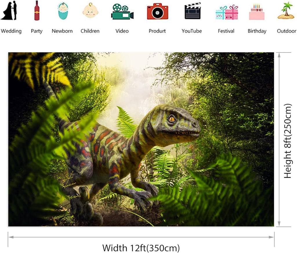 Renaiss 12x8ft Dinosaur Backdrop for Photoshoot Fabric Jurassic Period Jungle Forest Photography Background for Kids Boys Man Birthday Party Supplies Wallpaper Portrait Photo Props