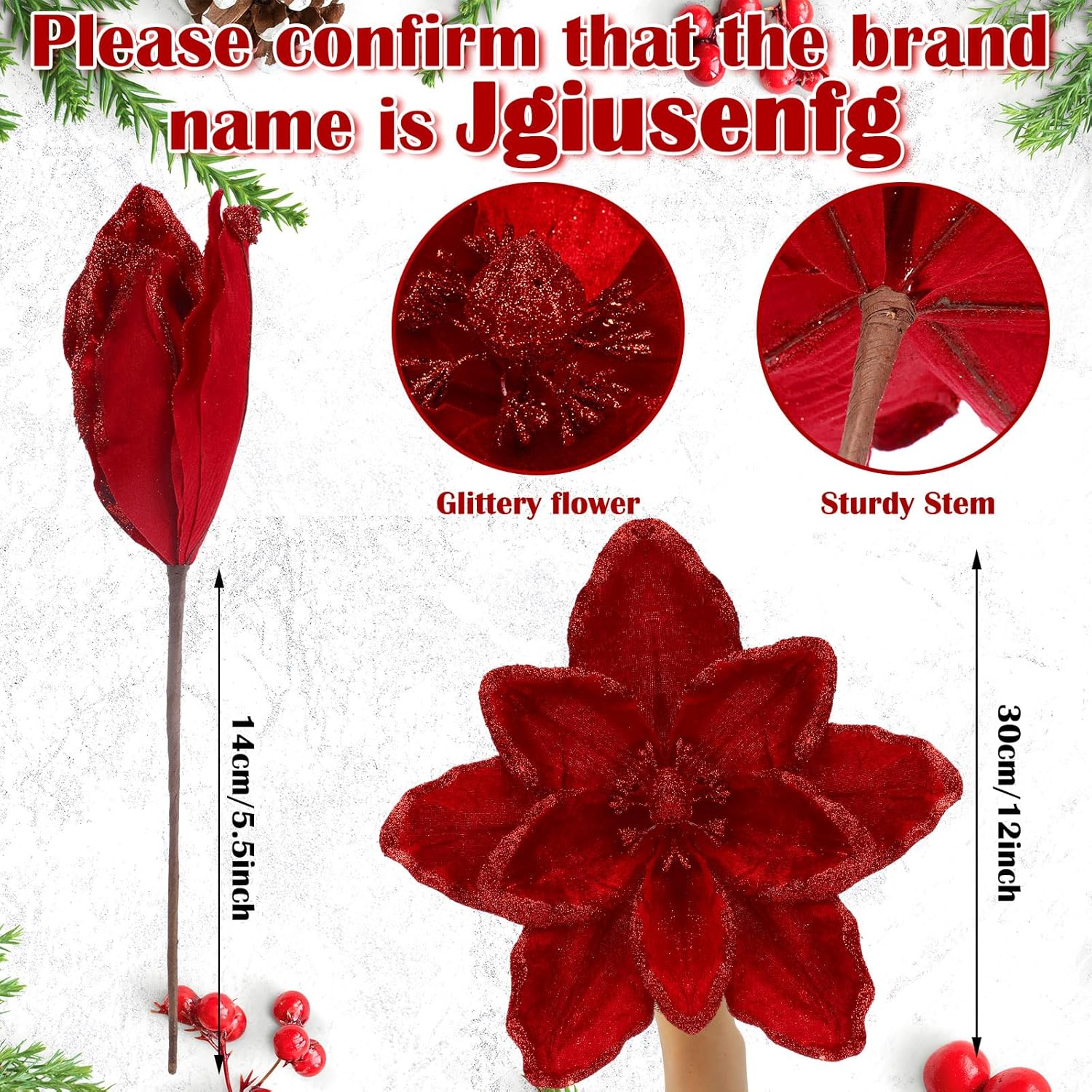 8 Pcs Large Christmas Flower Magnolia Flowers Christmas Tree Decoration Artificial Poinsettia Stems Velvet Xmas Ornaments for Xmas Tree Table Decor(Burgundy,12 Inch)