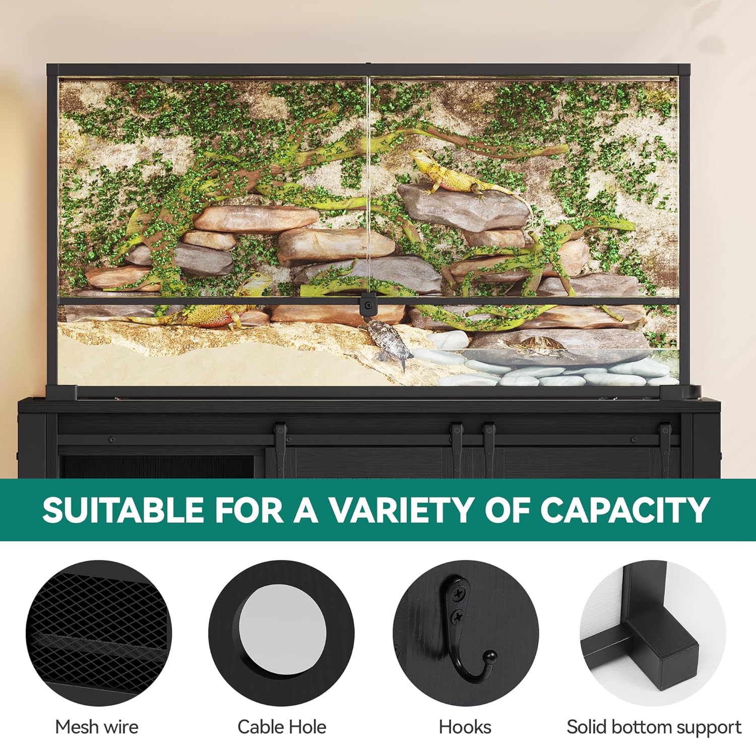 YITAHOME 120 Gallon Reptile Tank Stand with Power Outlets, Heavy Duty Large Reptile Tank Stand with Barn Door, Reptile Tank Turtle Terrariums Table for Accessories Storage,1100LBS Capacity