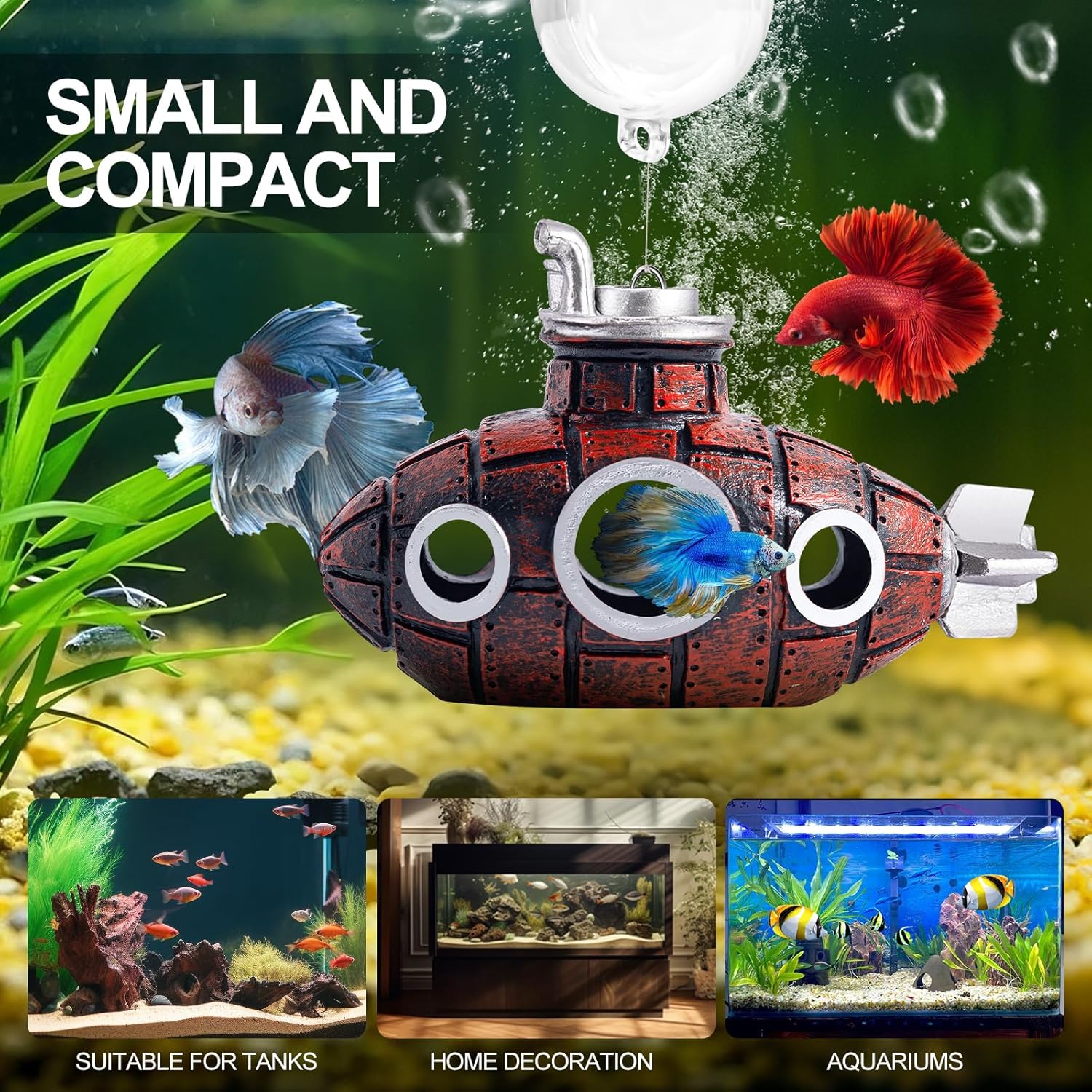 CousDUoBe New Upgrade Floating Fish Tank Decoration, Cute Retro Submarine Set and Floating Diver,Three Float Balls, Aquarium Decorations Resinous Betta Fish Tank Accessories