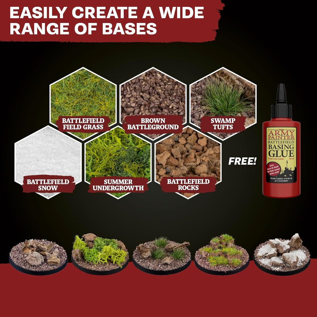 The Army Painter Battlefields Basing Set - Static Grass for Miniature Terrain Basing set - Static Grass & Free Basing Glue, Woodland Scenic Static Grass, Scenery Flocks - Master Quality Game Miniature