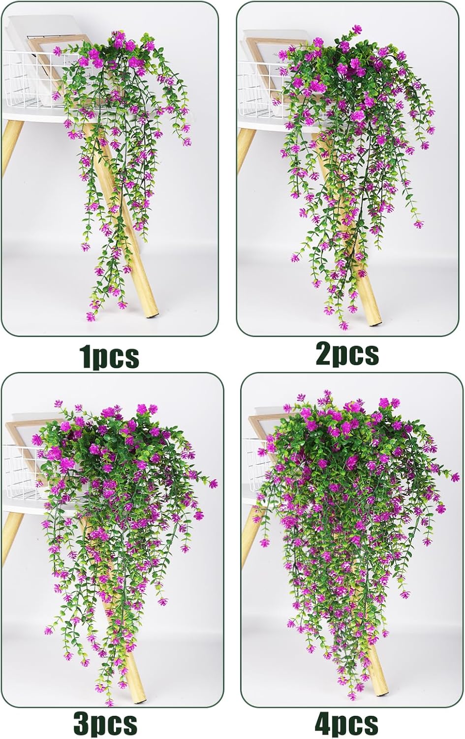 SJL Faux Hanging Plant 4 Pack Hanging Vines Plants Indoor Realistic Artificial Fake Small Hang Plant Leaves Faux Outdoor Plants Plastic Flowers Stem Decor for Wall Room Party (Fuchsia)