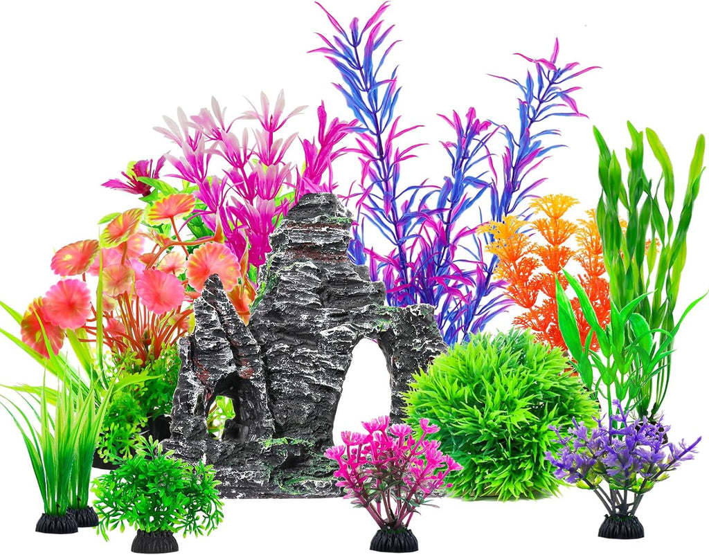 CousDUoBe 13Pcs Aquarium Plants Cave Rock Decor Set& Fish Tank Artificial PlasticPlants,Fish Tank Accessories Small Large Aquarium Decorations Kit