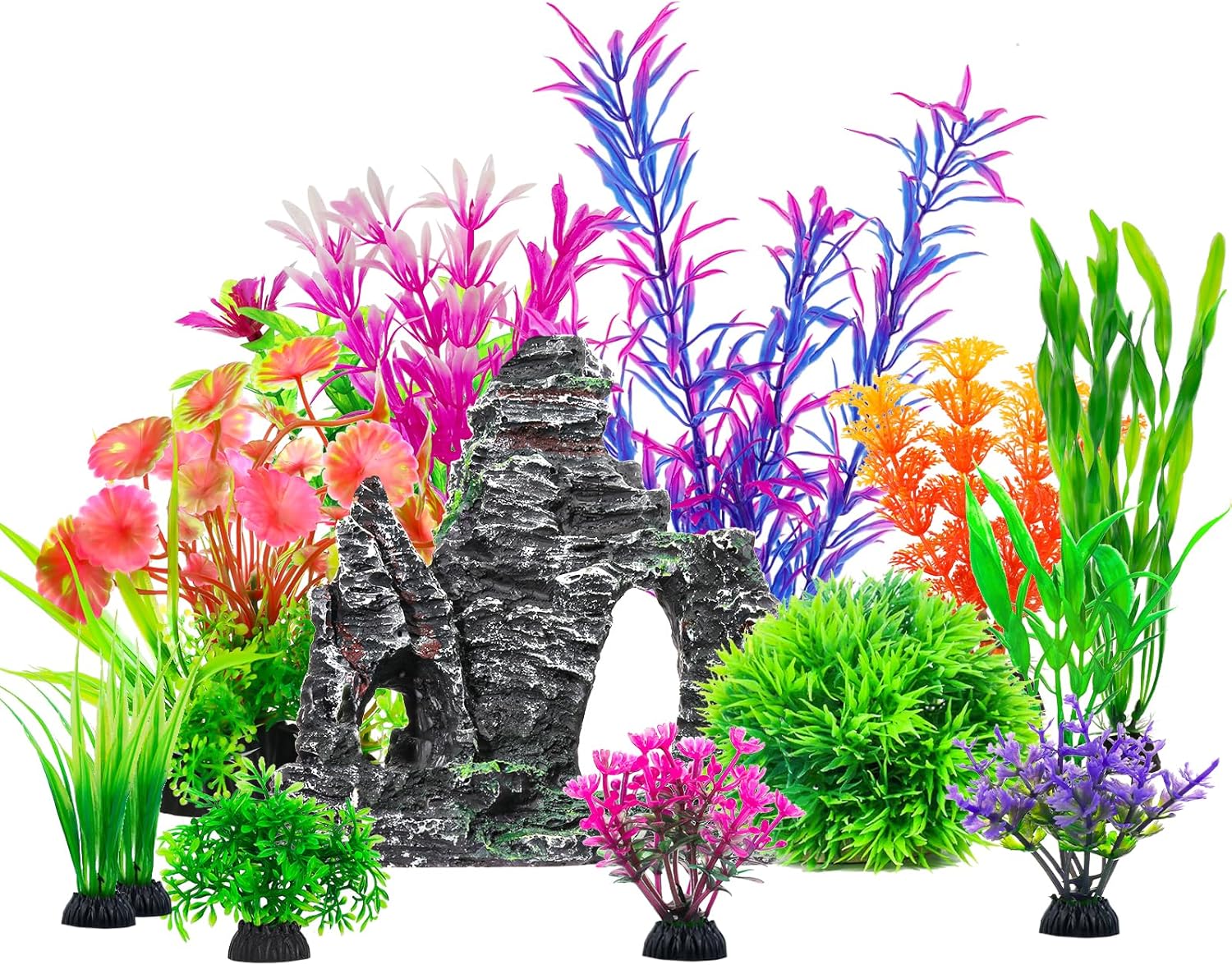CousDUoBe 13Pcs Aquarium Plants Cave Rock Decor Set& Fish Tank Artificial PlasticPlants,Fish Tank Accessories Small Large Aquarium Decorations Kit