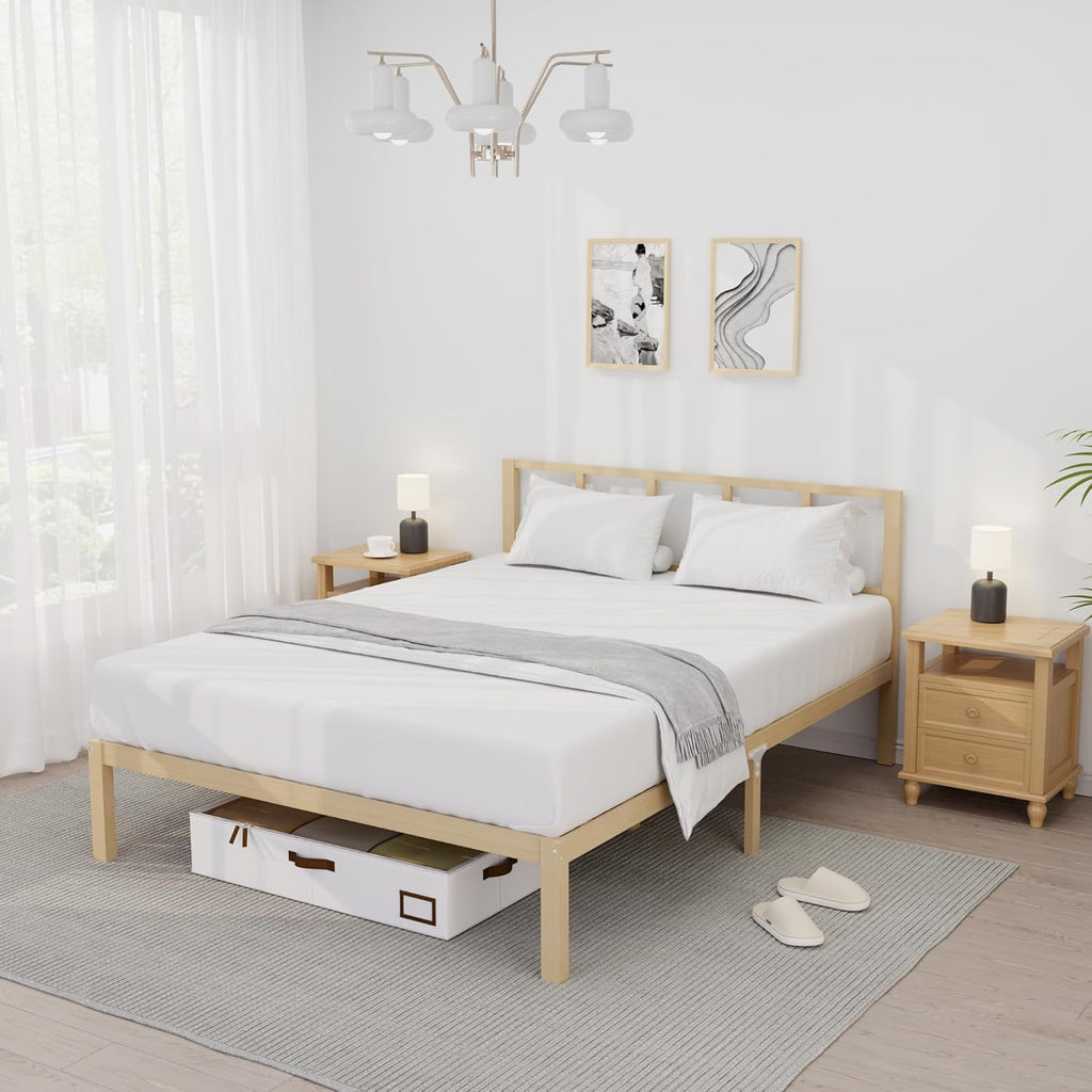 14 Inch Bamboo Bed Frame – Queen Size Solid Wood Platform Bed Frame, with Non-Slip Slats for Support, No Box Spring Needed, Easy to Assemble, Noise-Free (Natural with Headboard, Queen)